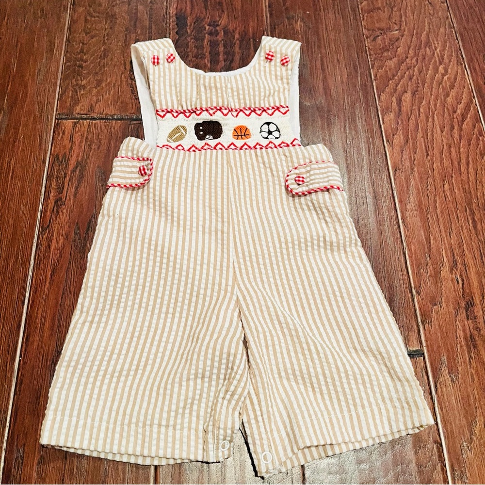 lil cactus jon jon tan white striped smocked sports baseball soccer 3-6 months